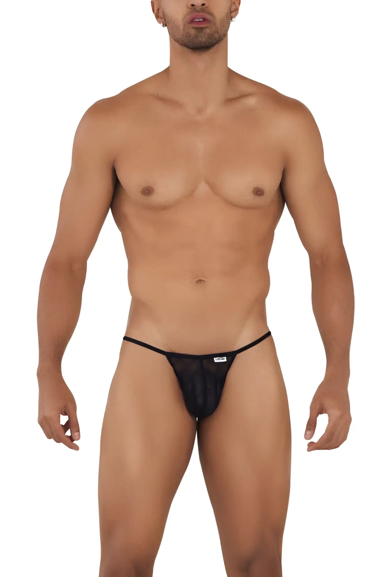 Black CandyMan 99709 micro lace jockstrap thong with black mesh fabric and small white logo on the front