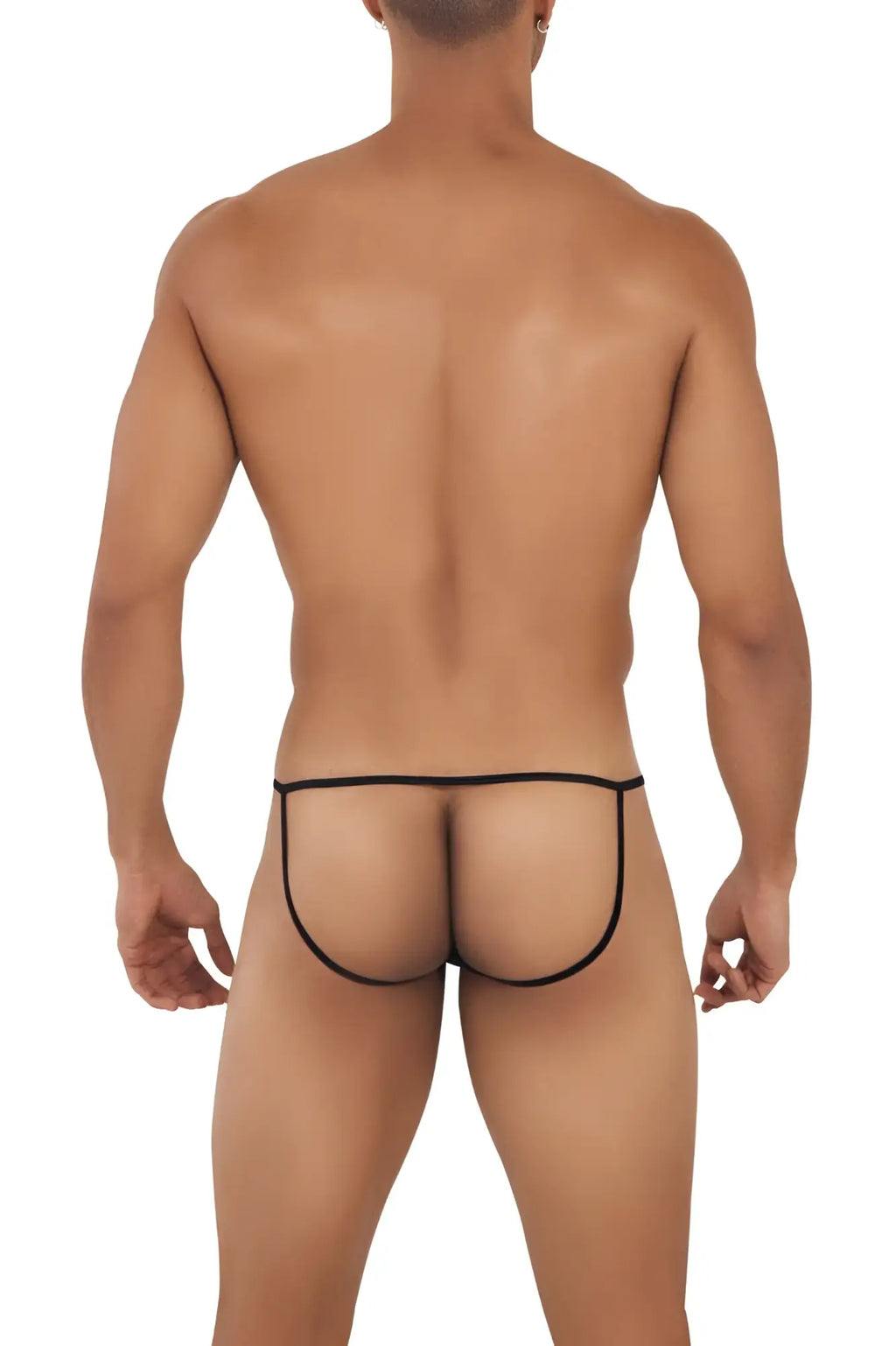 Black CandyMan 99709 micro lace jockstrap with sheer mesh fabric and thin elastic waistband shown from the back side
