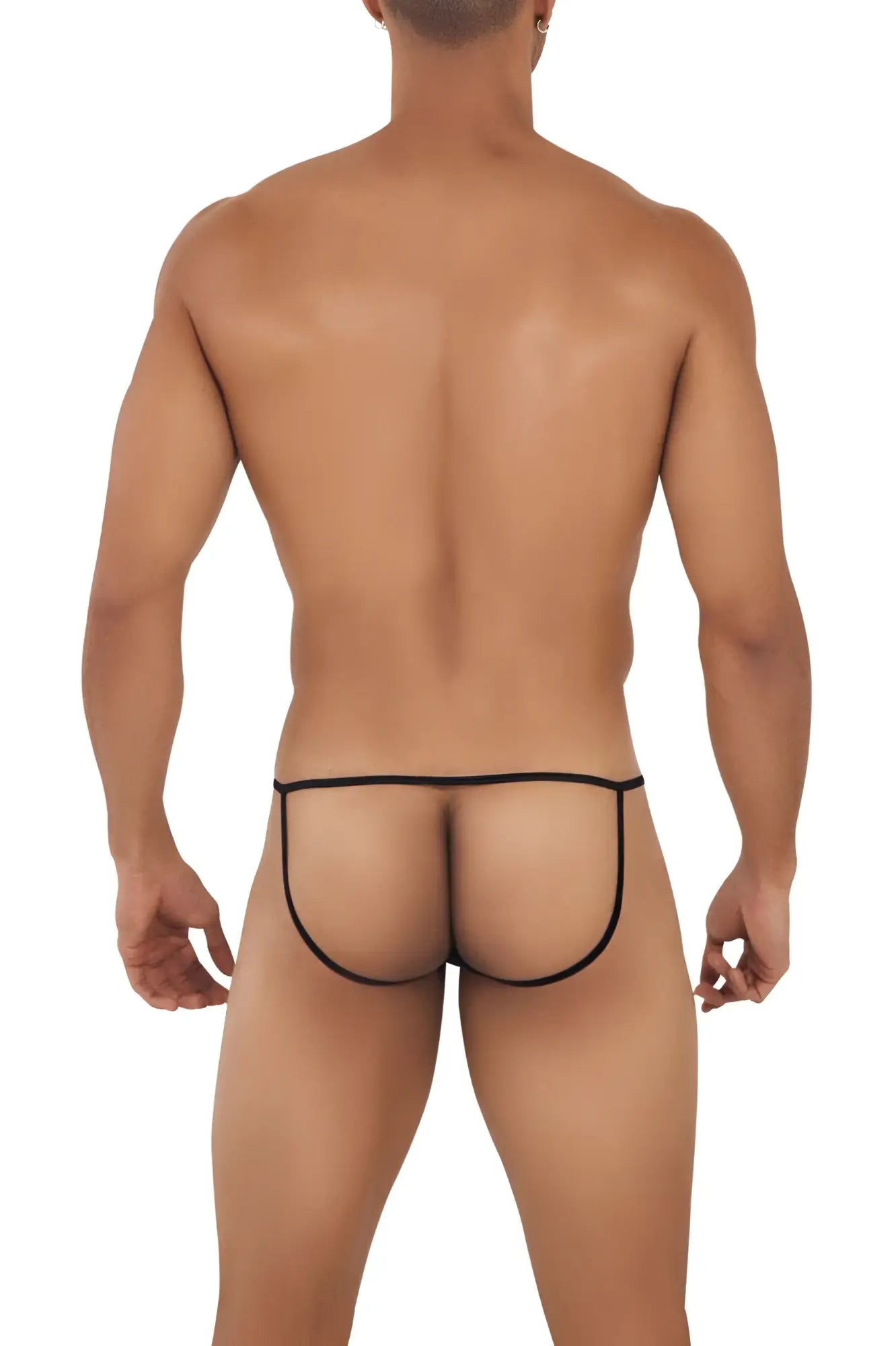 Black CandyMan 99709 micro lace jockstrap with sheer mesh fabric and thin elastic waistband shown from the back side