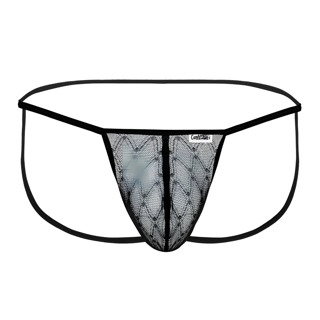 Black lace thong CandyMan 99709 micro lace jockstrap with diamond mesh front and solid black elastic waistband