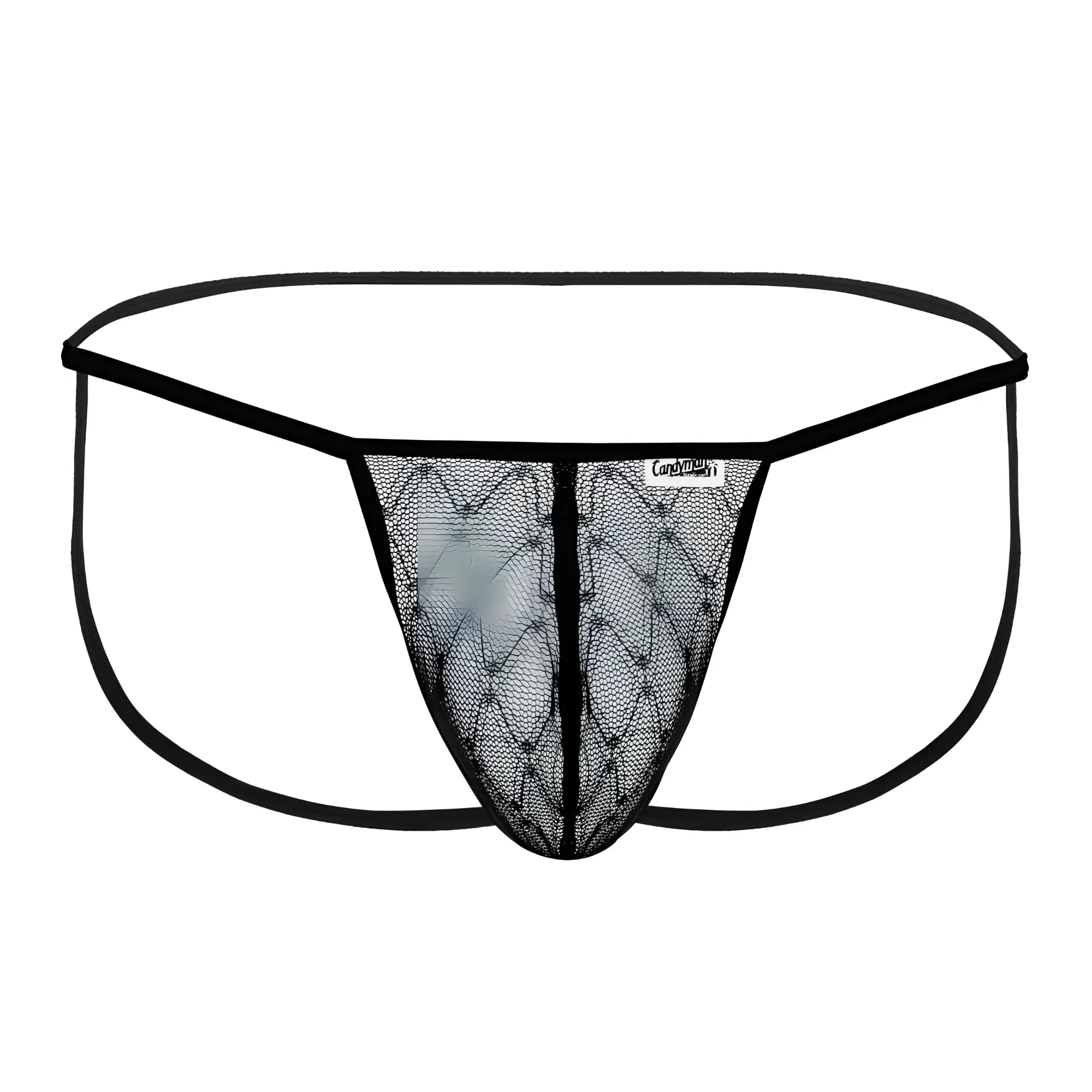 Black lace thong CandyMan 99709 micro lace jockstrap with diamond mesh front and solid black elastic waistband