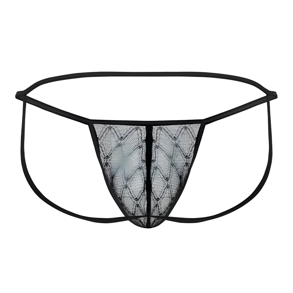 Black lace thong candyMan 99709 with diamond-patterned mesh and thin elastic waistband shown from the back side