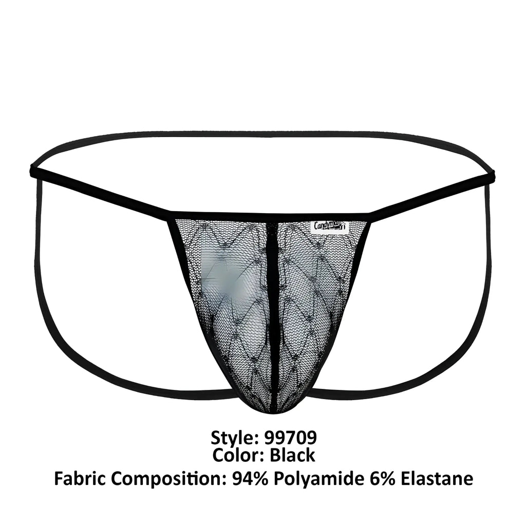 Black lace thong CandyMan 99709 micro lace jockstrap with diamond mesh design and black elastic waistband