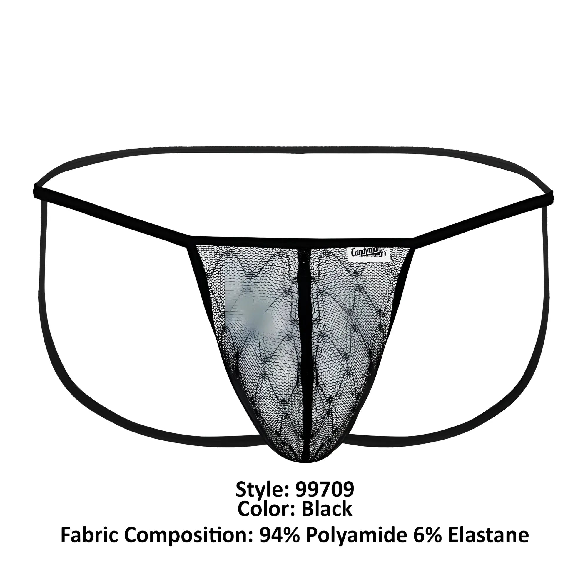 Black lace thong CandyMan 99709 micro lace jockstrap with diamond mesh design and black elastic waistband
