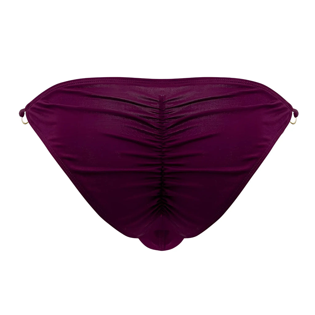 CandyMan 99710 holes in one bikini bottom in deep purple satin with ruching and small metallic side rings visible from back
