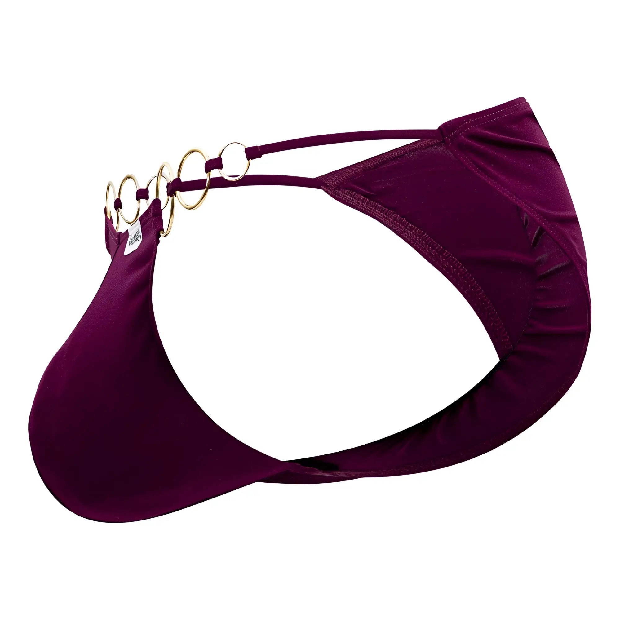 Back of a CandyMan 99710 holes in one bikini thong in deep purple satin with gold-toned ring chain detail