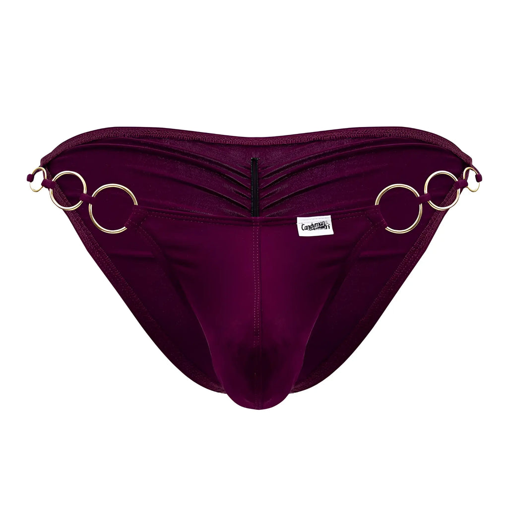Deep purple velvet briefs candy man 99710 holes in one bikini with gold metal rings and central zipper in burgundy
