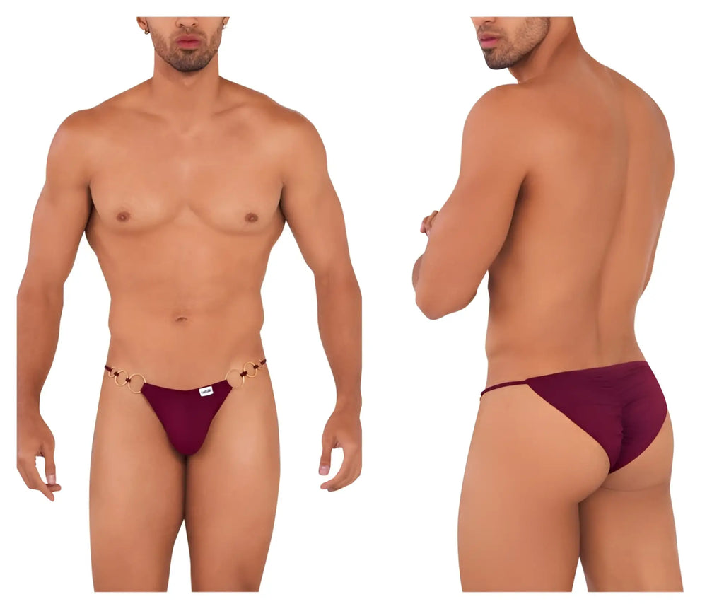 CandyMan 99710 holes in one bikini burgundy thong with decorative chain detail at the front in maroon