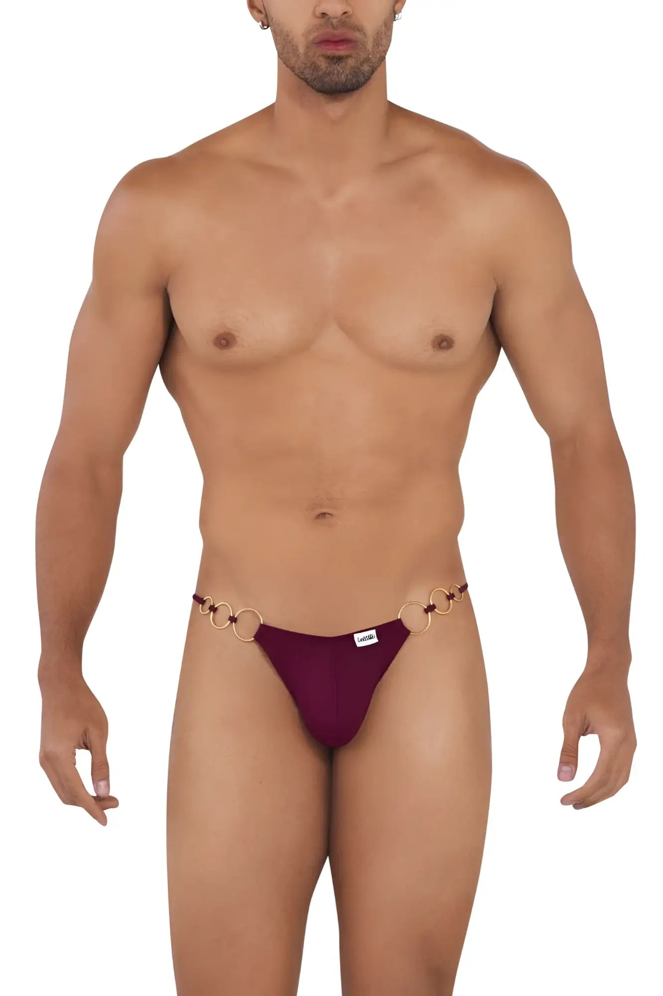 Maroon thong from candyman 99710 holes in one bikini featuring gold-toned ring detailing at the waistband
