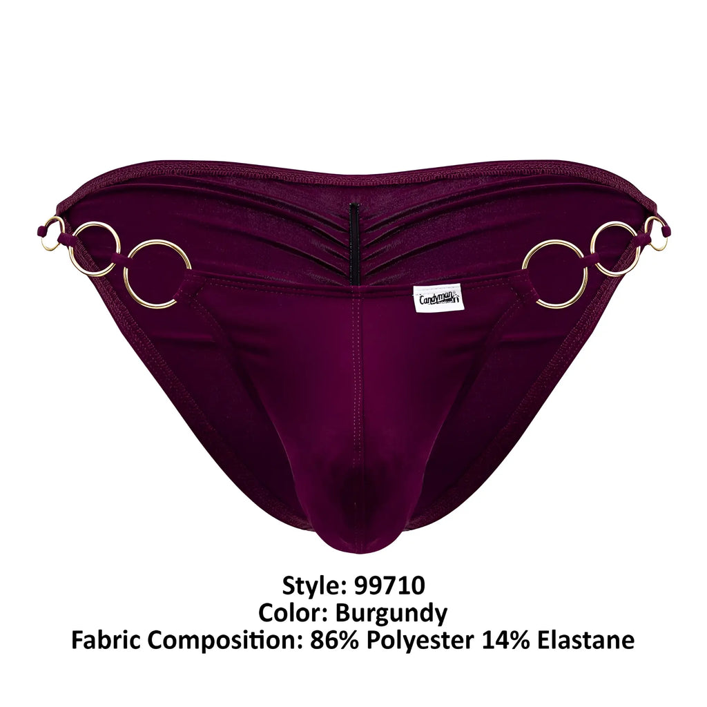 Burgundy velvet CandyMan 99710 Holes in One bikini briefs with gold-toned ring accents and central zipper closure