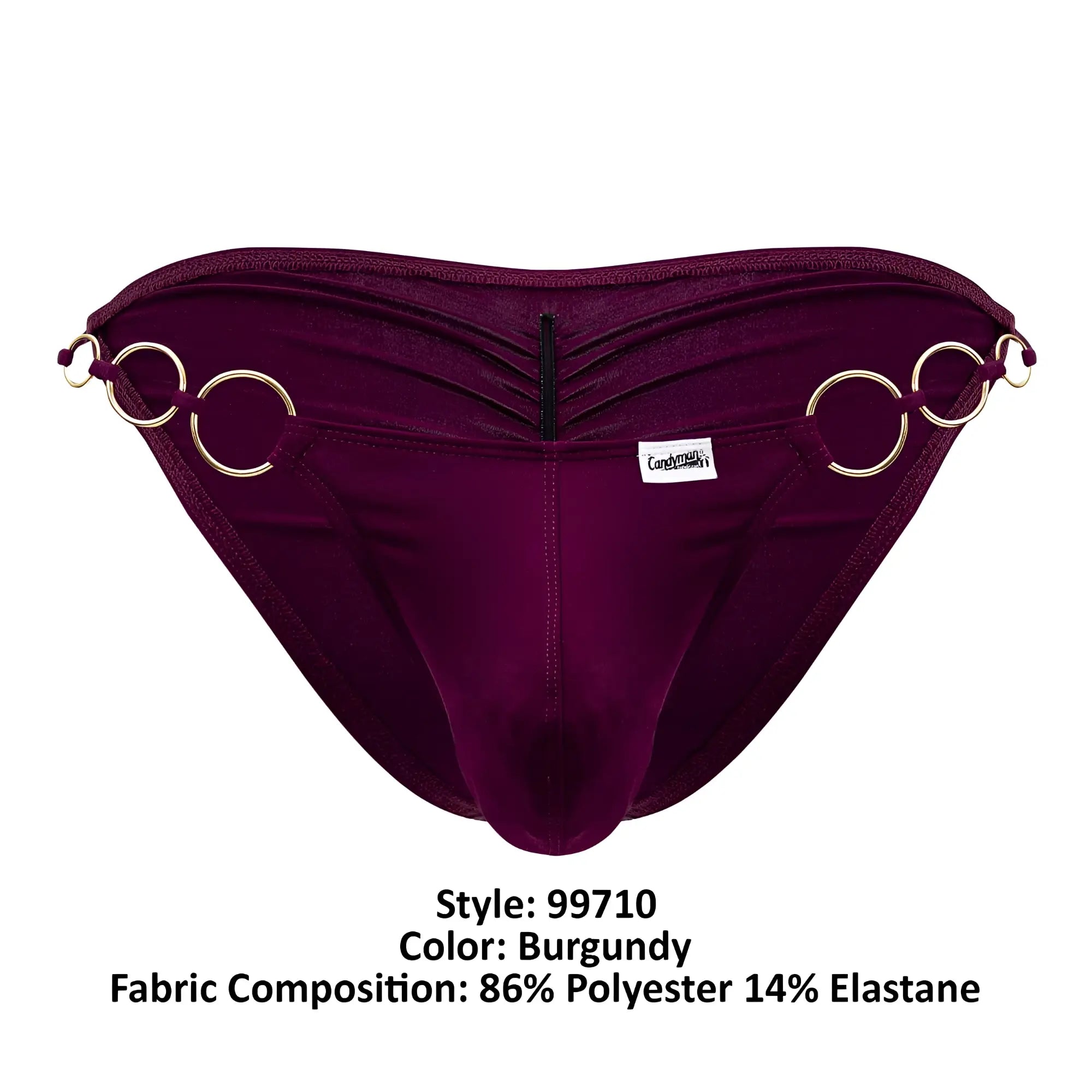 Burgundy velvet CandyMan 99710 Holes in One bikini briefs with gold-toned ring accents and central zipper closure