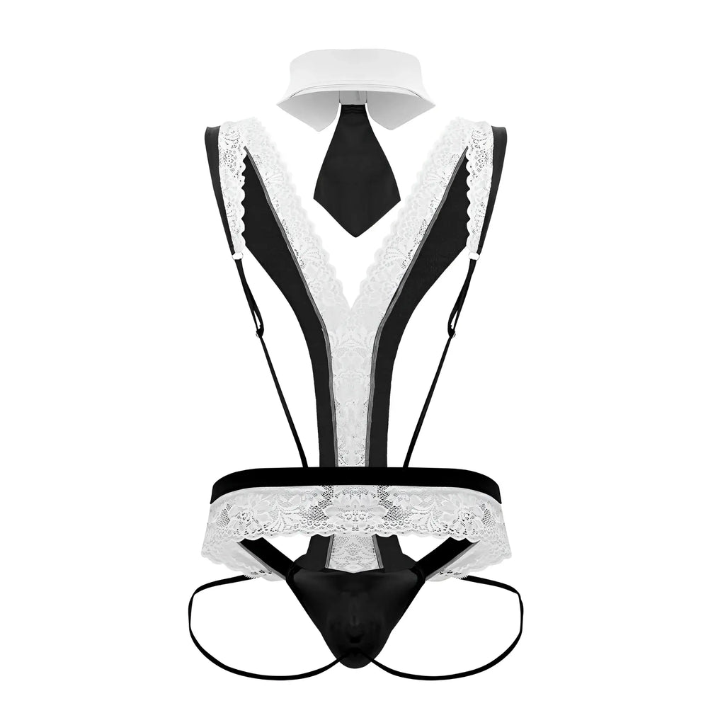 Black and white lace maid costume with collar tie and suspenders in candyMan 99715 work-n-play outfit black color