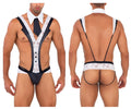 Black and white lace-trimmed men’s lingerie bodysuit with suspenders in candyMan 99715 Work-N-Play costume black
