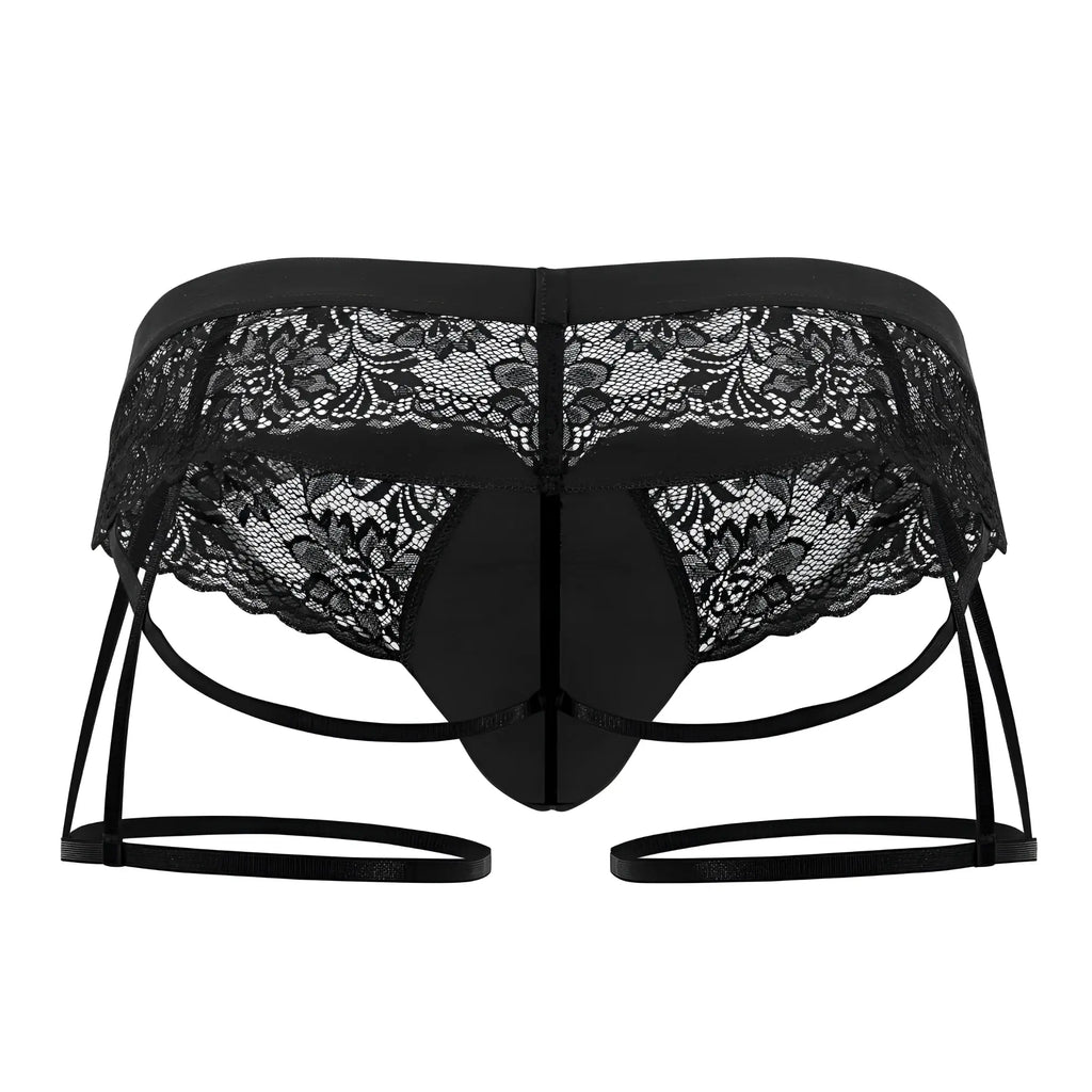 Black lace thong with intricate floral patterns and adjustable straps from candyman 99717 garther jockstrap collection