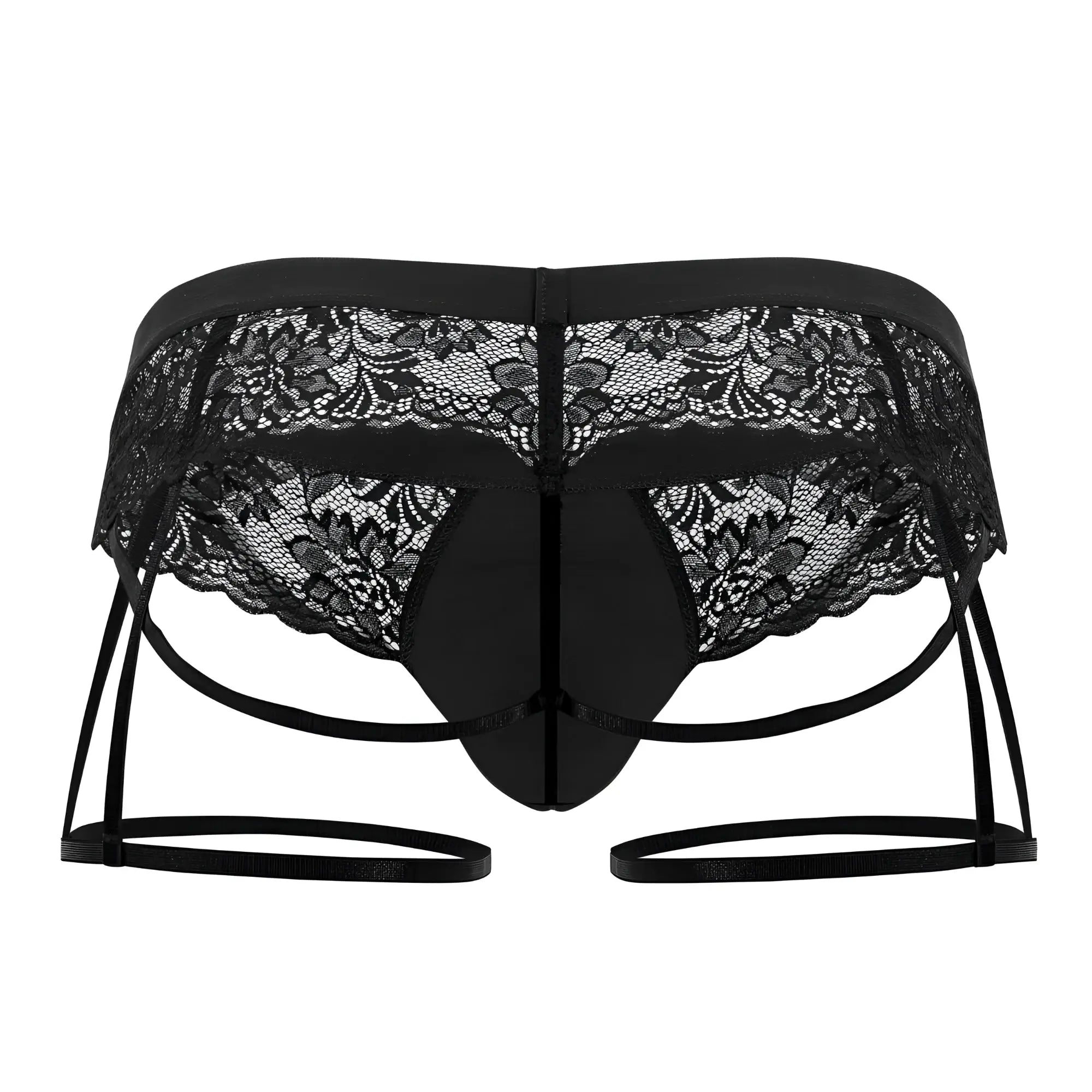 Black lace thong with intricate floral patterns and adjustable straps from candyman 99717 garther jockstrap collection