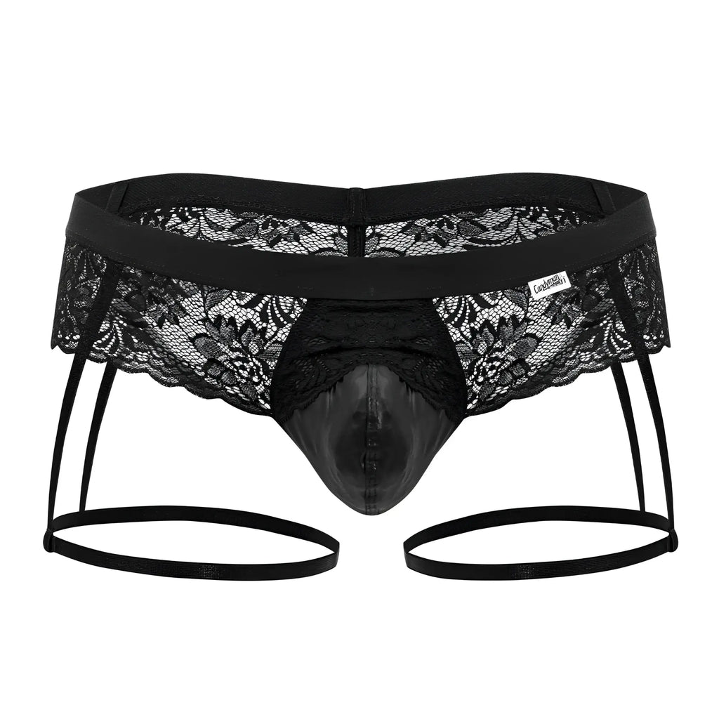 CandyMan 99717 black lace garter jockstrap with shiny front panel and adjustable straps in black lace thong style