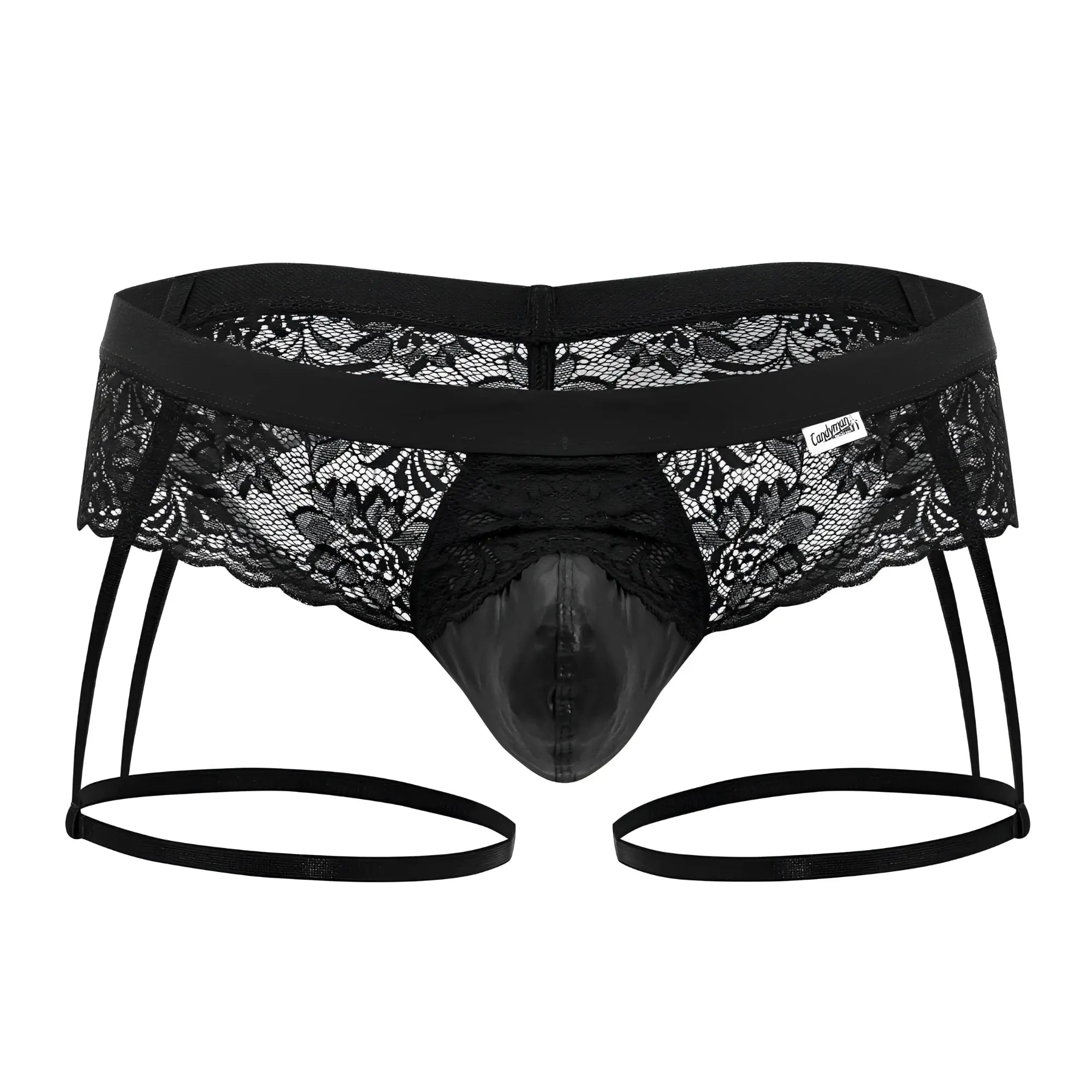 CandyMan 99717 black lace garter jockstrap with shiny front panel and adjustable straps in black lace thong style
