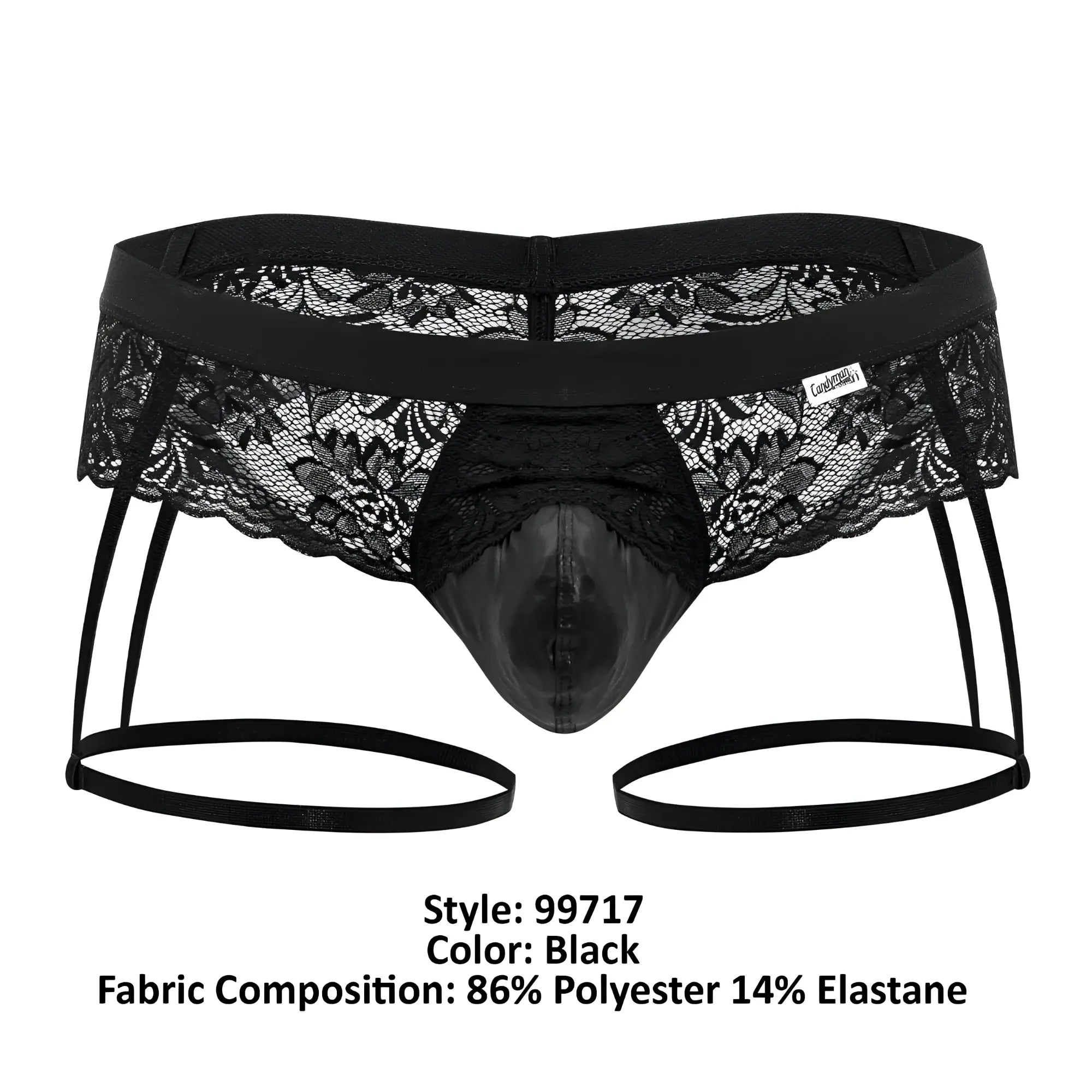 Black lace-trimmed CandyMan 99717 garter jockstrap with glossy molded front panel and adjustable side straps in black