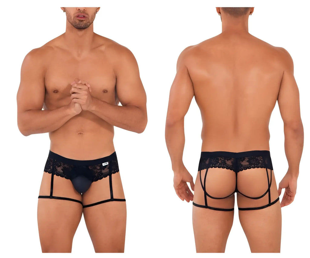 Black lace-trimmed men’s briefs with supportive straps candyMan 99717 lace garther jockstrap in black shown from front