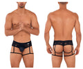 Black lace-trimmed men’s briefs with supportive straps candyMan 99717 lace garther jockstrap in black shown from front