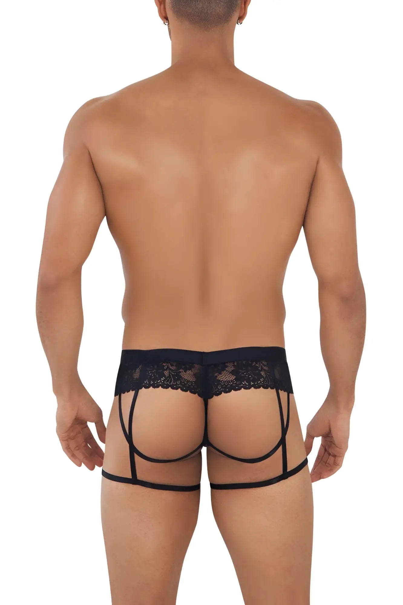 Black candyMan 99717 lace garter jockstrap briefs with sheer mesh, lace trim, and strappy supportive design