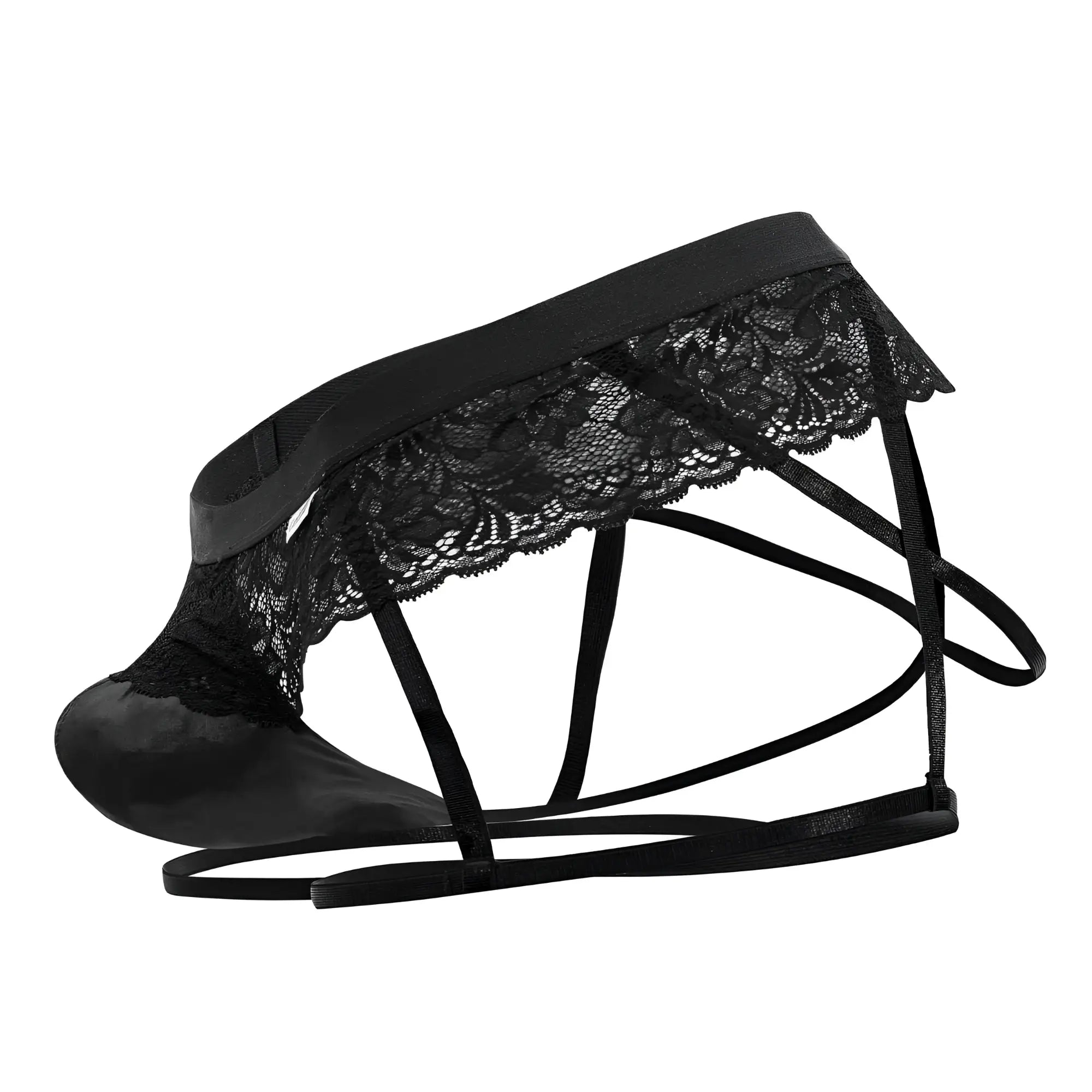 Black lace-trimmed CandyMan 99717 lace garther jockstrap with satin fabric and crisscross straps in black