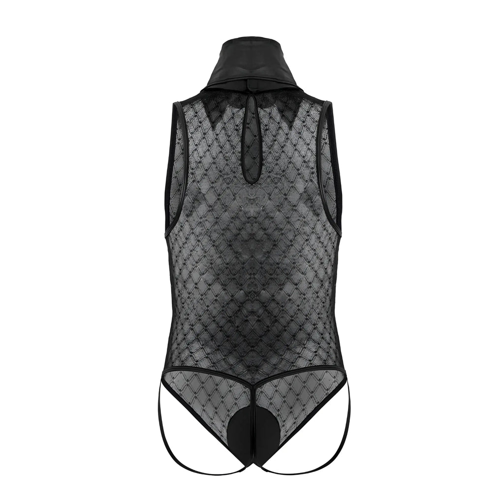 Black lace bodysuit candyMan 99720 with high collar and diamond pattern mesh in black for work and play