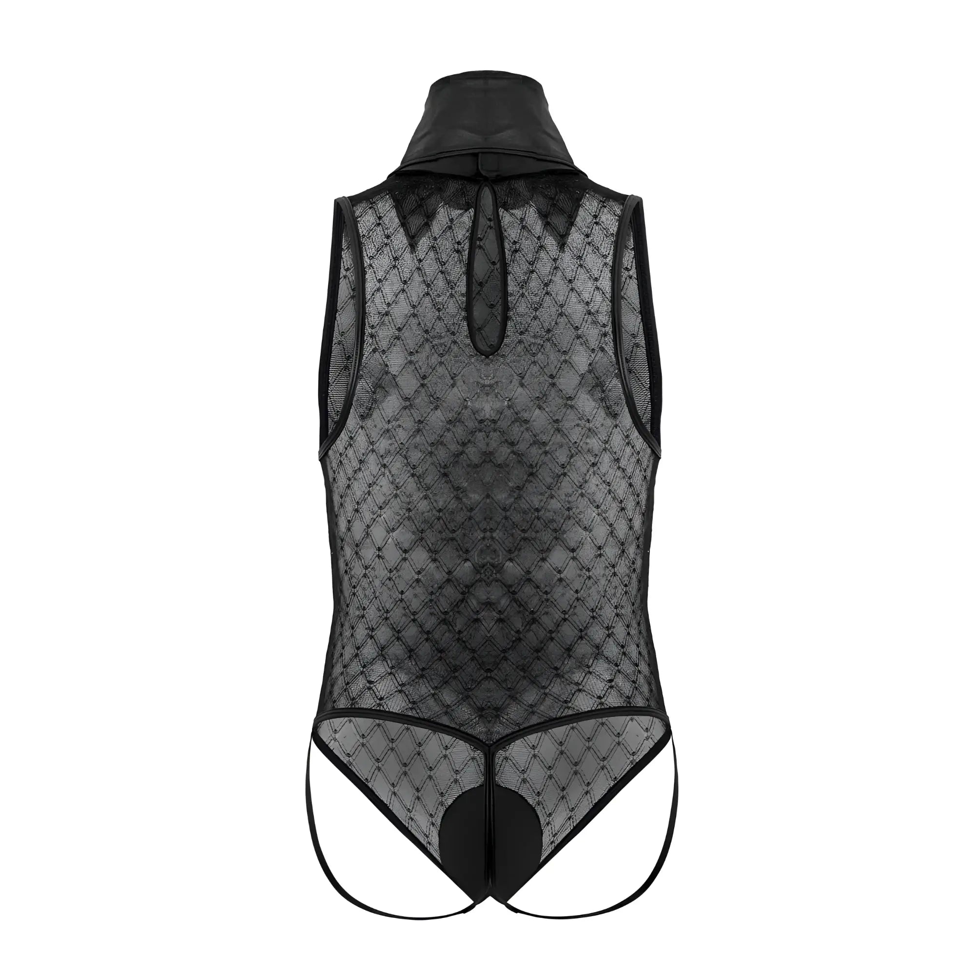 Black lace bodysuit candyMan 99720 with high collar and diamond pattern mesh in black for work and play