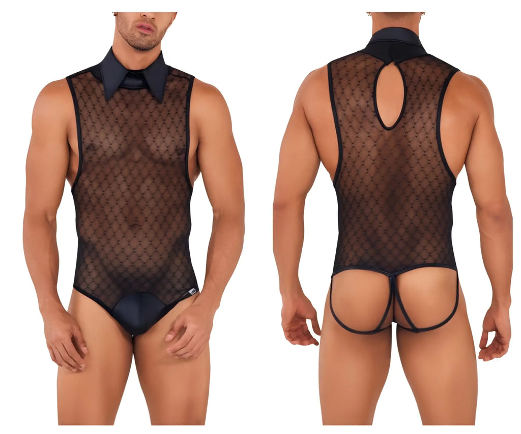 Black candyMan 99720 work-n-play bodysuit with mesh fabric collar and tie detail designed for versatile wear