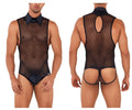 Black candyMan 99720 work-n-play bodysuit with mesh fabric collar and tie detail designed for versatile wear