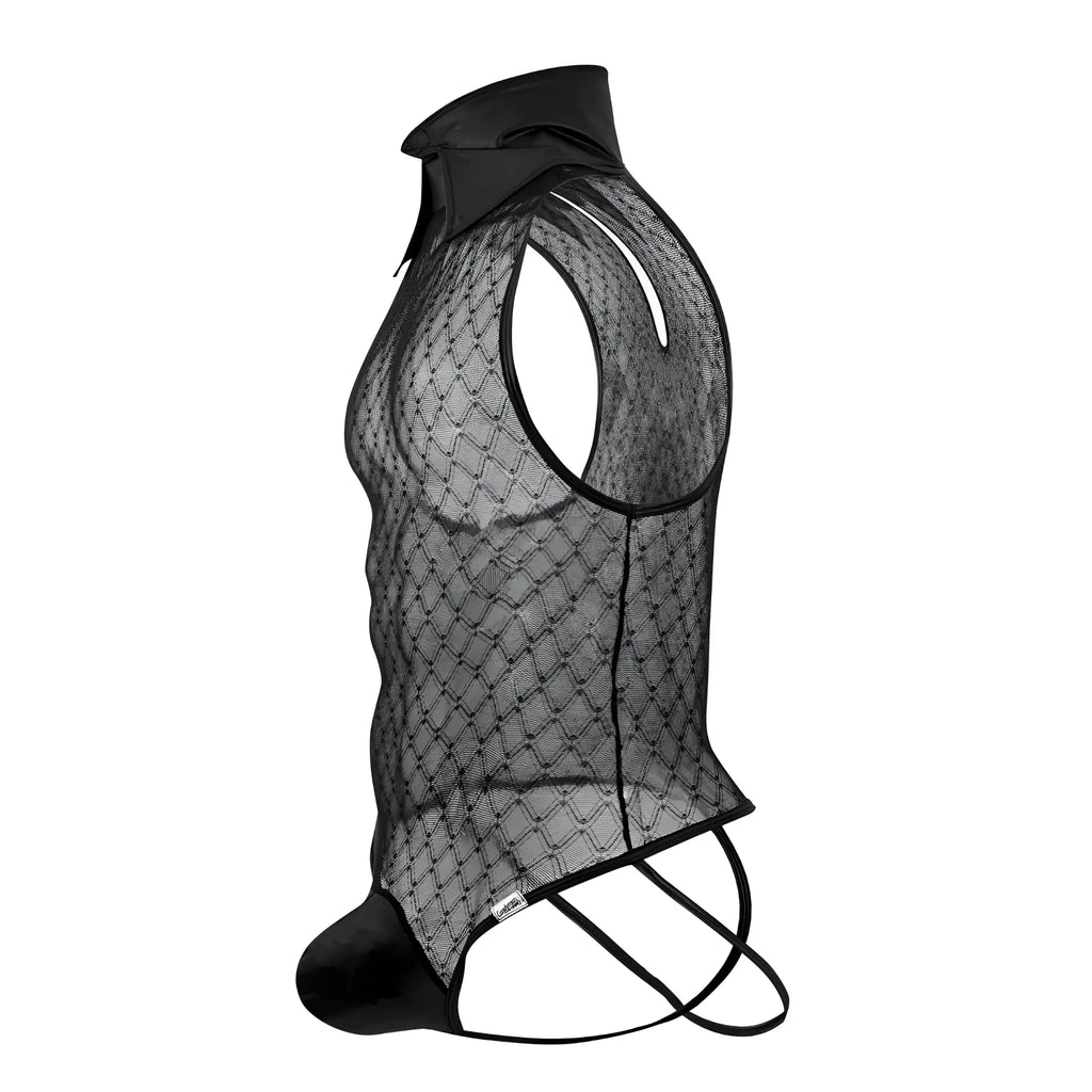 Black candyMan 99720 work-n-play bodysuit with mesh vest, solid collar, and matching crotch ties