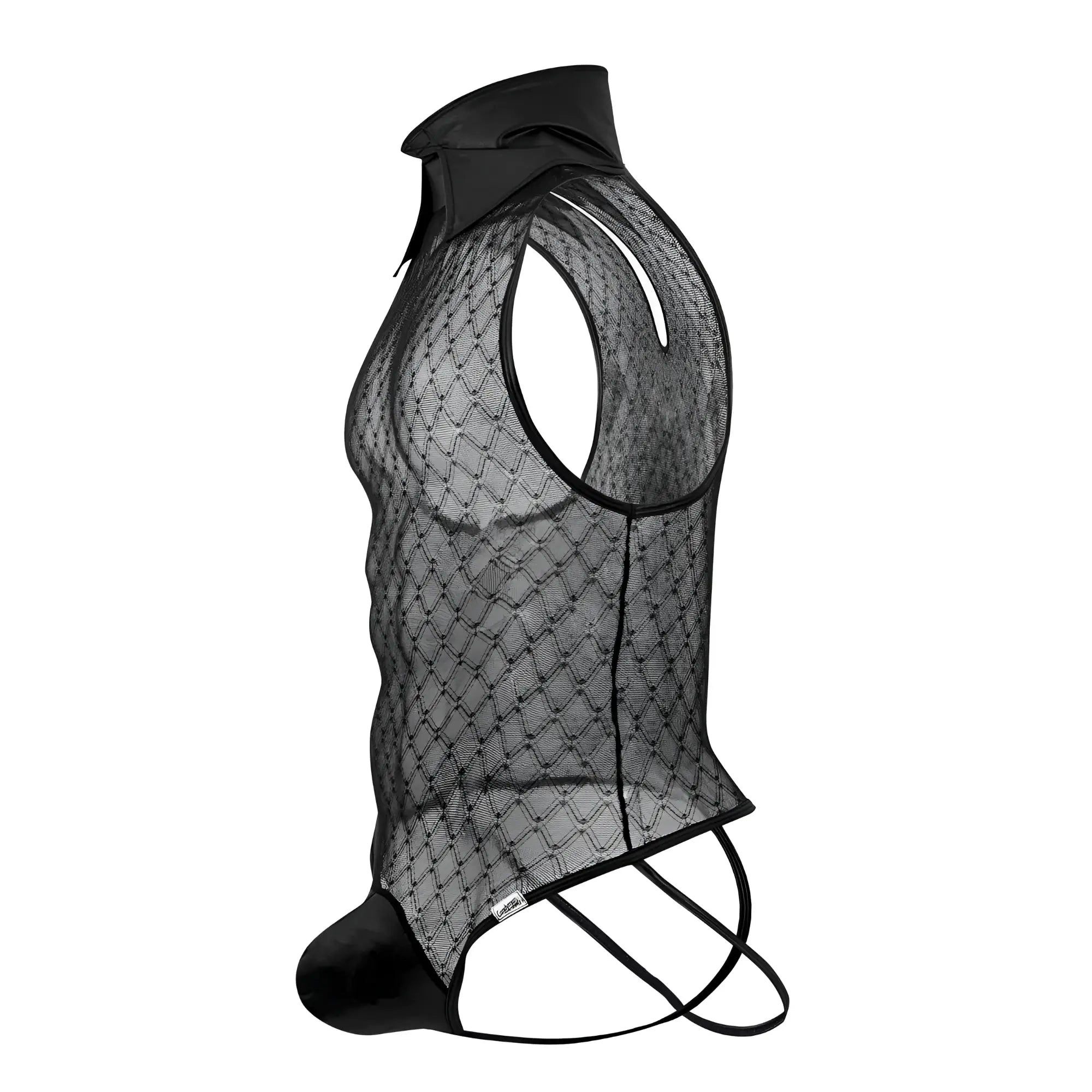 Black candyMan 99720 work-n-play bodysuit with mesh vest, solid collar, and matching crotch ties