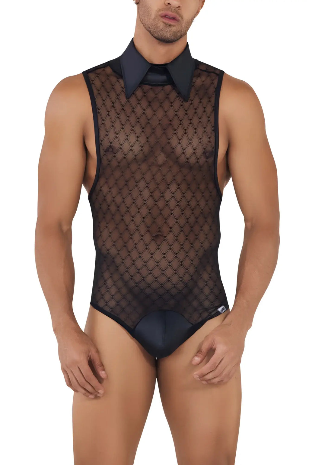 Black sheer mesh one-piece candyMan 99720 work-n-play bodysuit with solid black collar and matching waistband