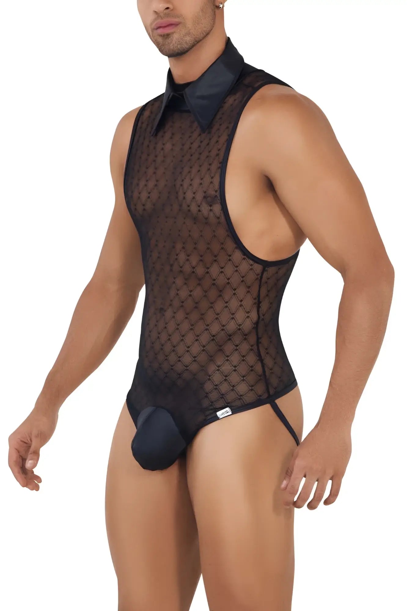 Candyman 99720 work-n-play black sheer mesh bodysuit with structured collar and matching fabric crotch panel