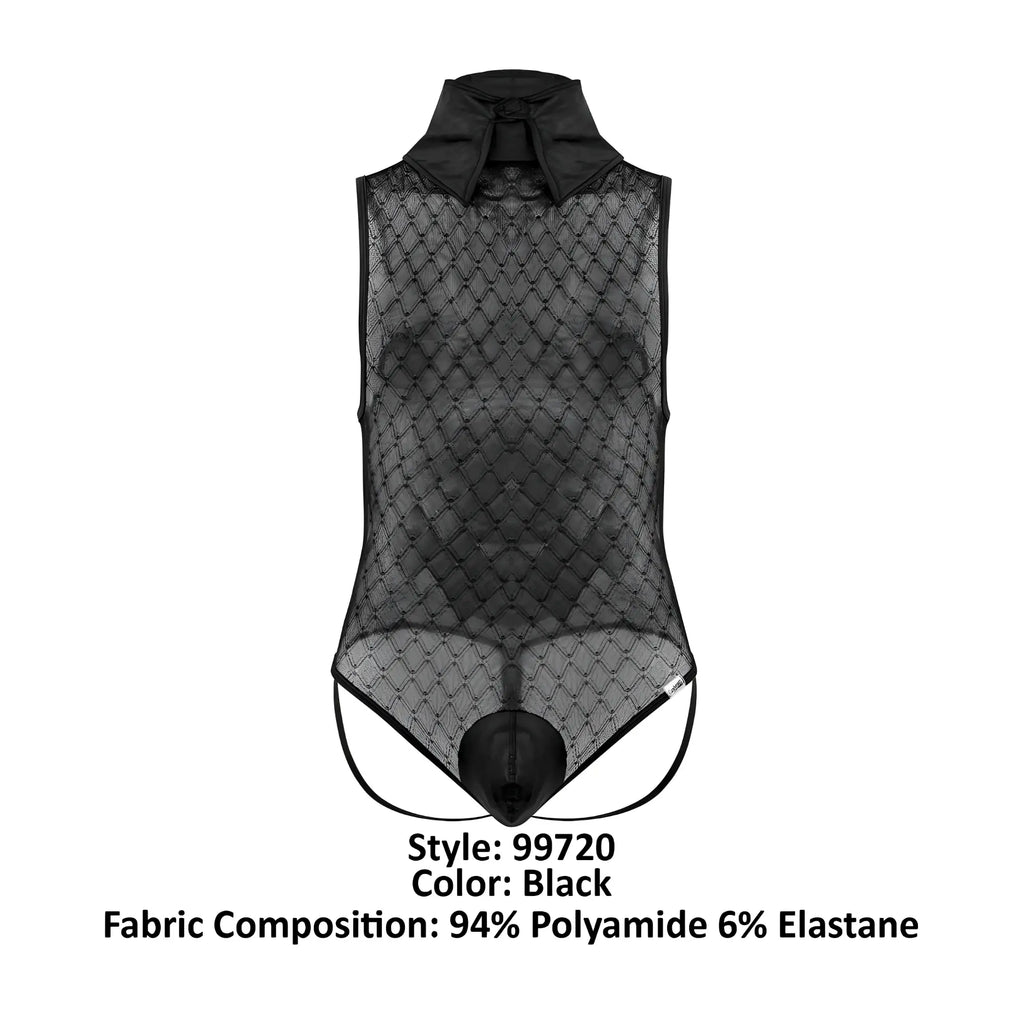 Black sheer mesh candyMan 99720 work-n-play bodysuit with structured collar and elasticized waistband