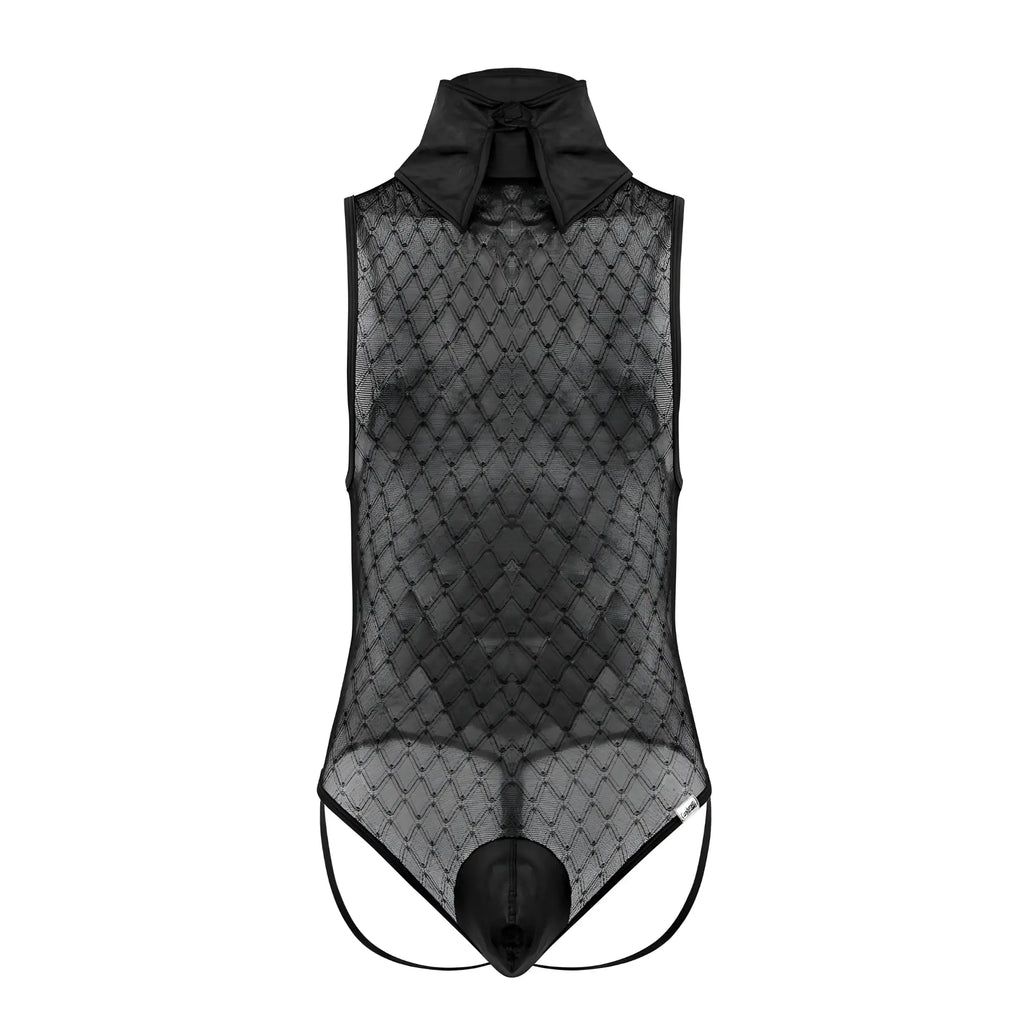 Black sheer mesh CandyMan work-n-play bodysuit with structured collar and diamond-patterned lace overlay