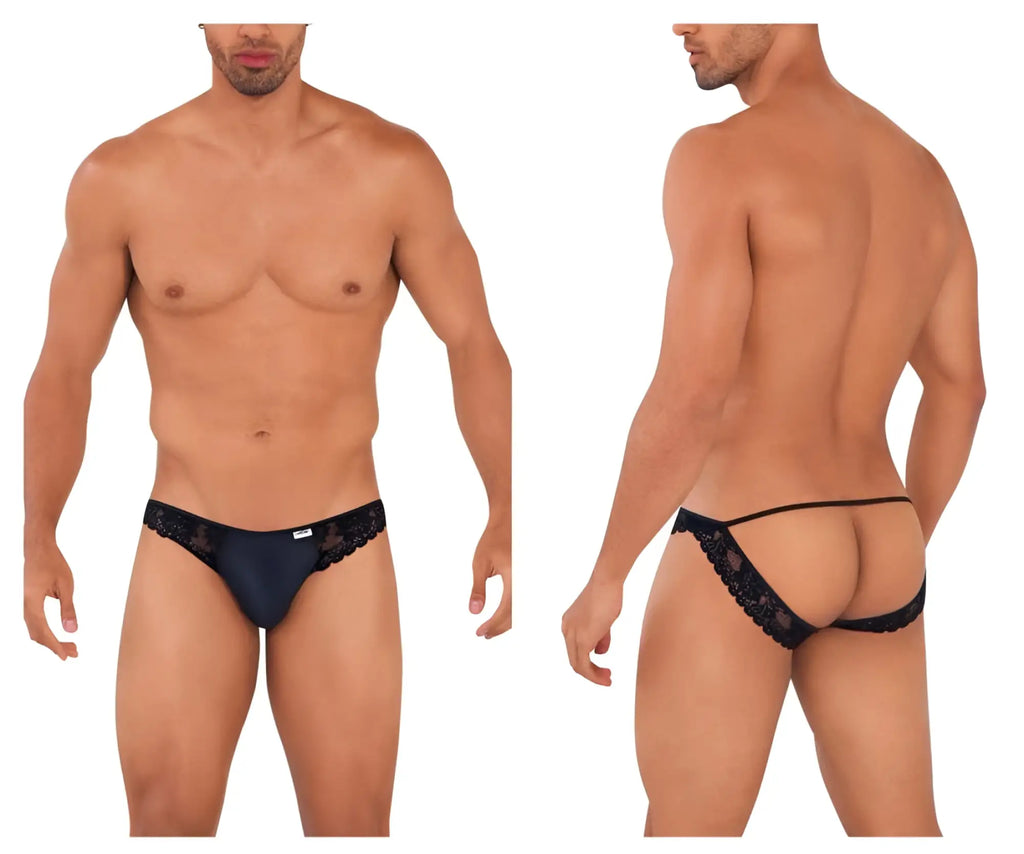 Black lace-trimmed candy man 99721 lace jockstrap with sleek form-fitting design in black color