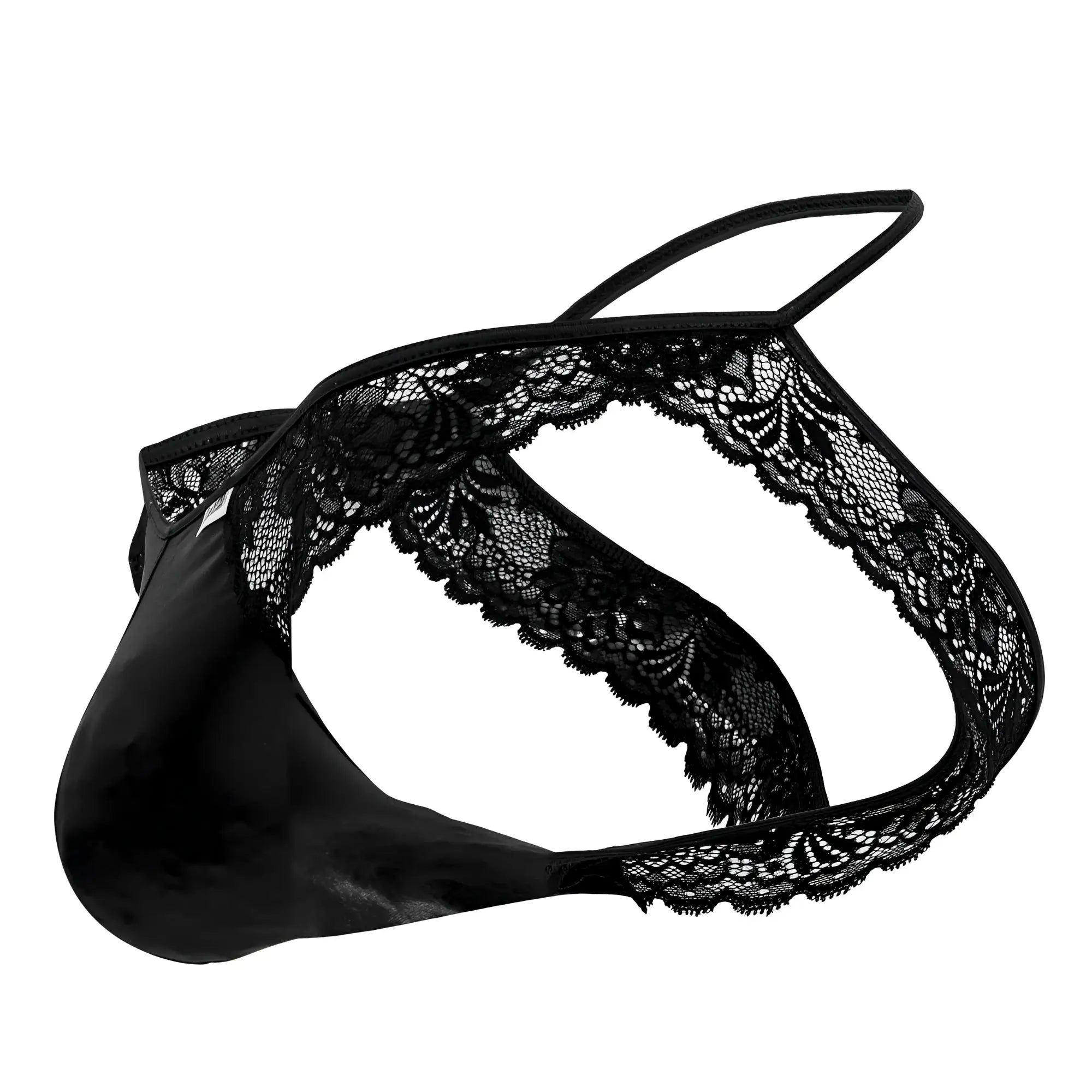 CandyMan 99721 lace jockstrap in black features a satin-like fabric with floral lace-trimmed edges for men