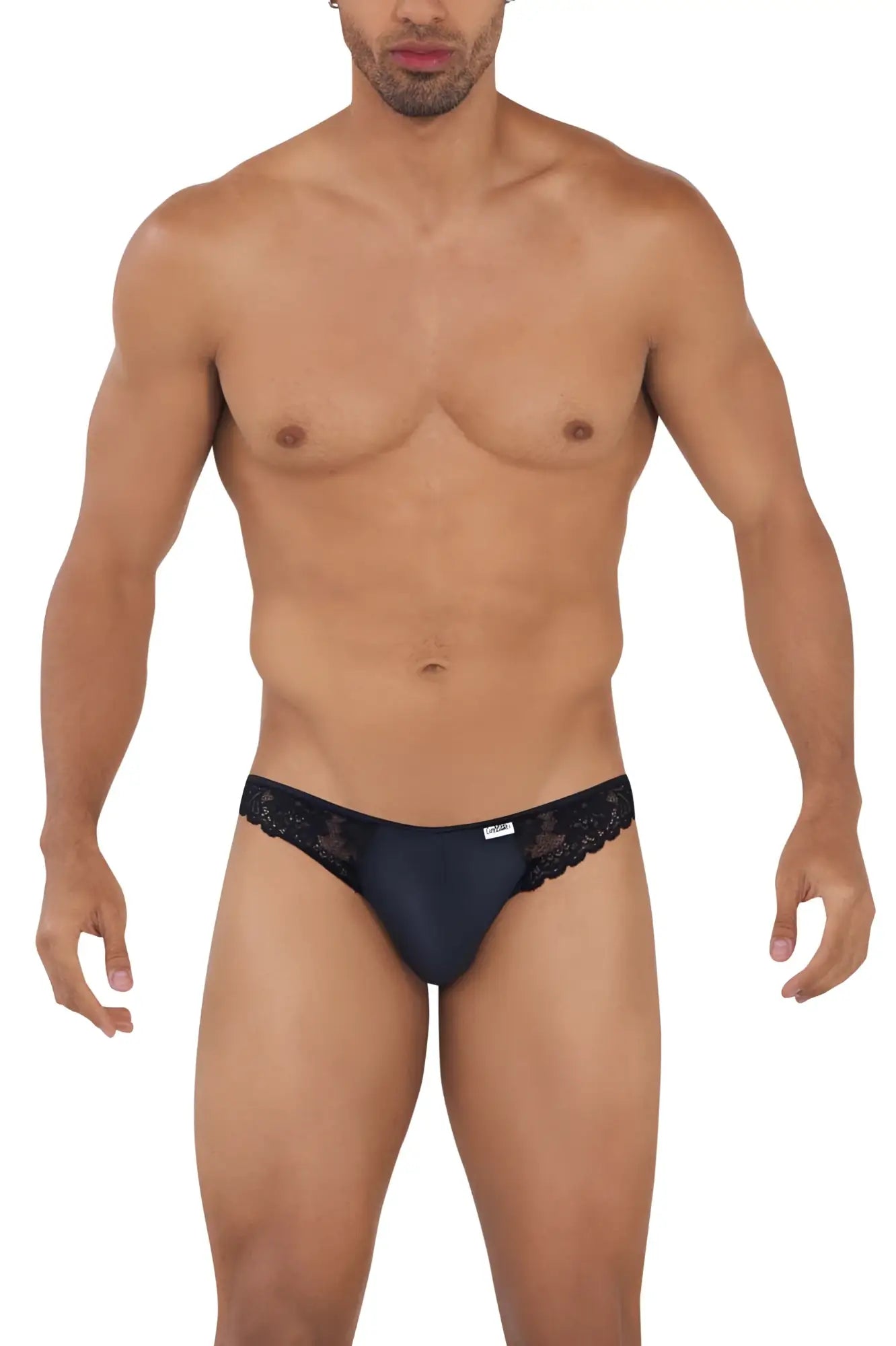 Black lace-trimmed briefs with sleek form-fitting design from Candyman 99721 lace jockstrap in black color