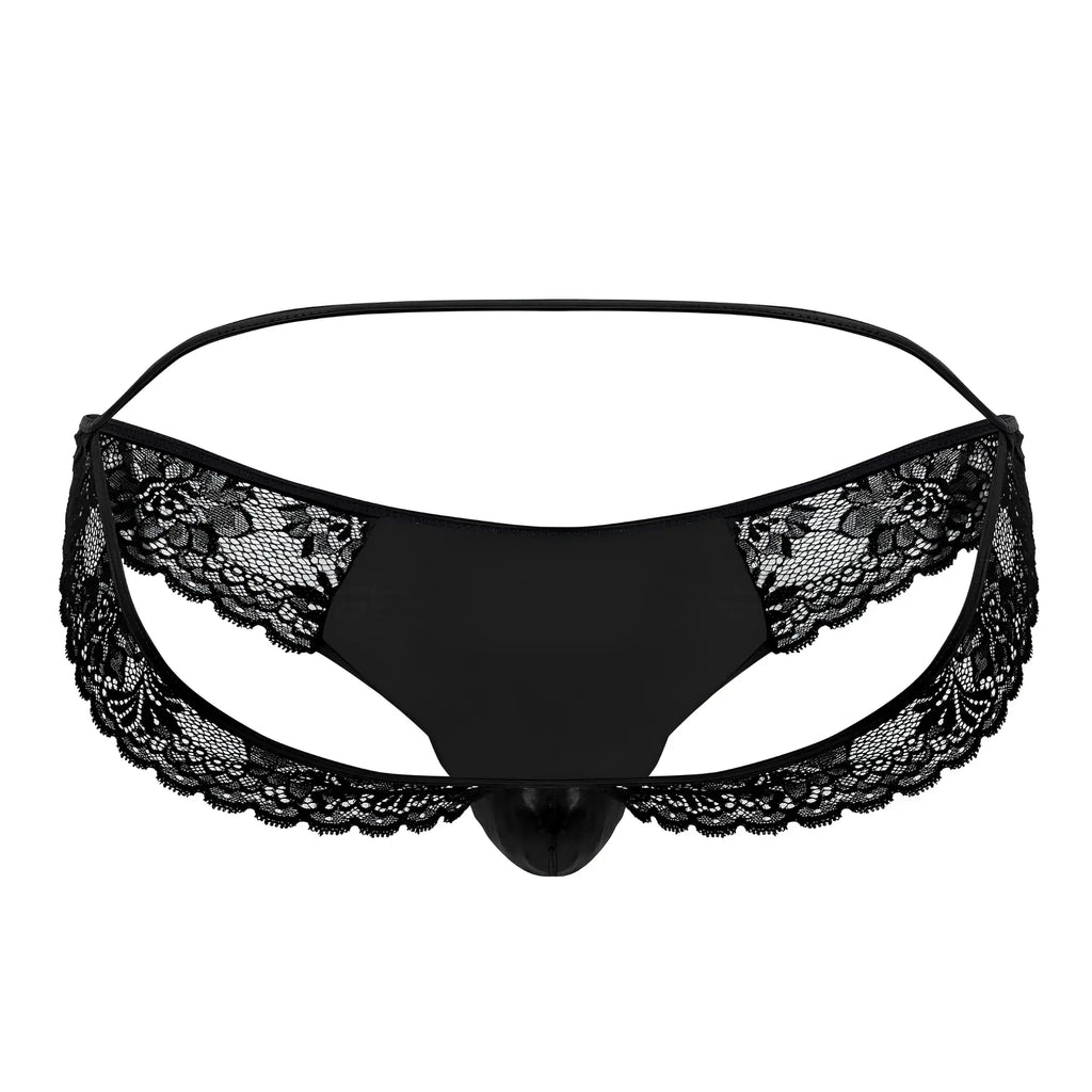 Black lace-trimmed thong with central pouch and thin elastic waistband from candyman 99721 lace jockstrap in black