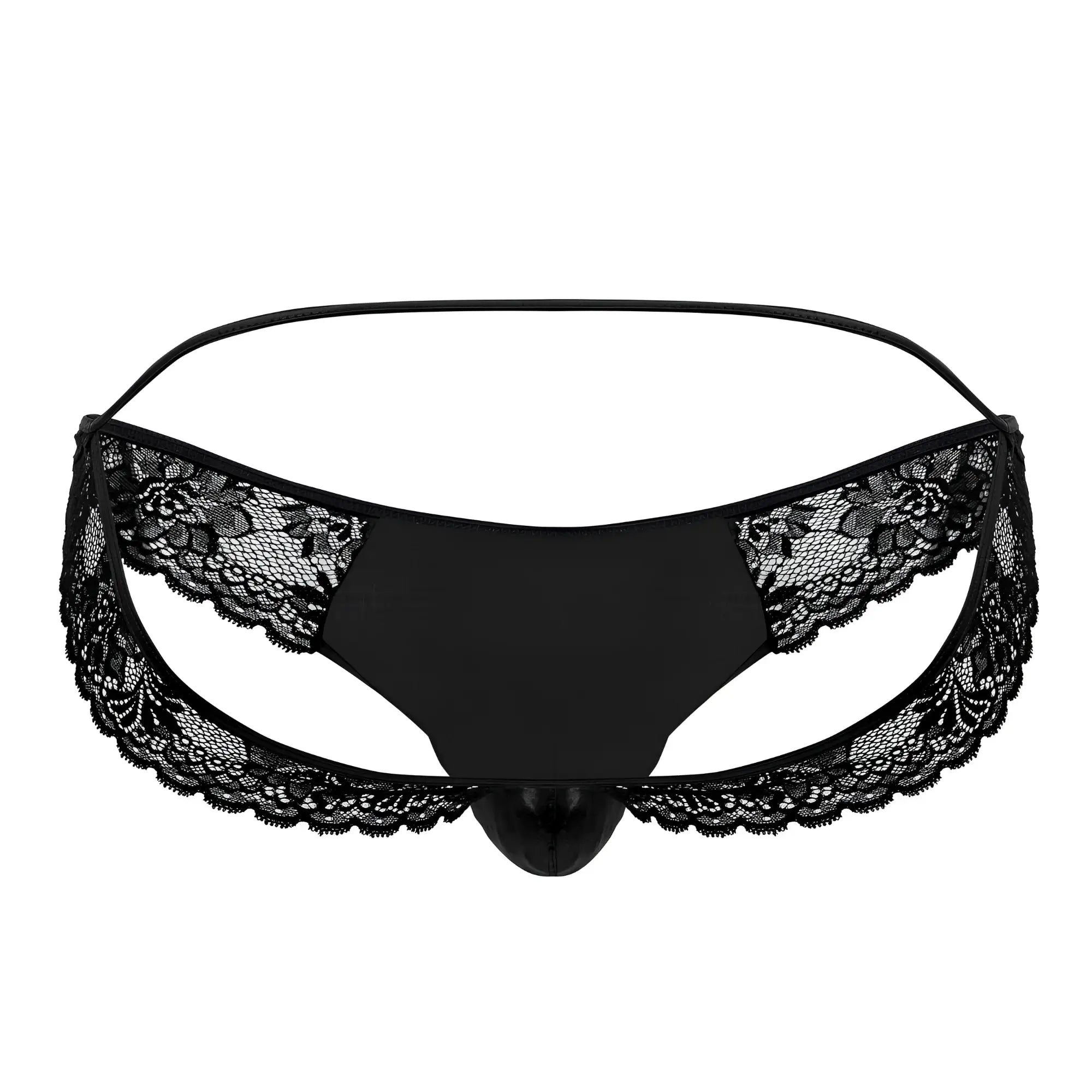 Black lace-trimmed thong with central pouch and thin elastic waistband from candyman 99721 lace jockstrap in black