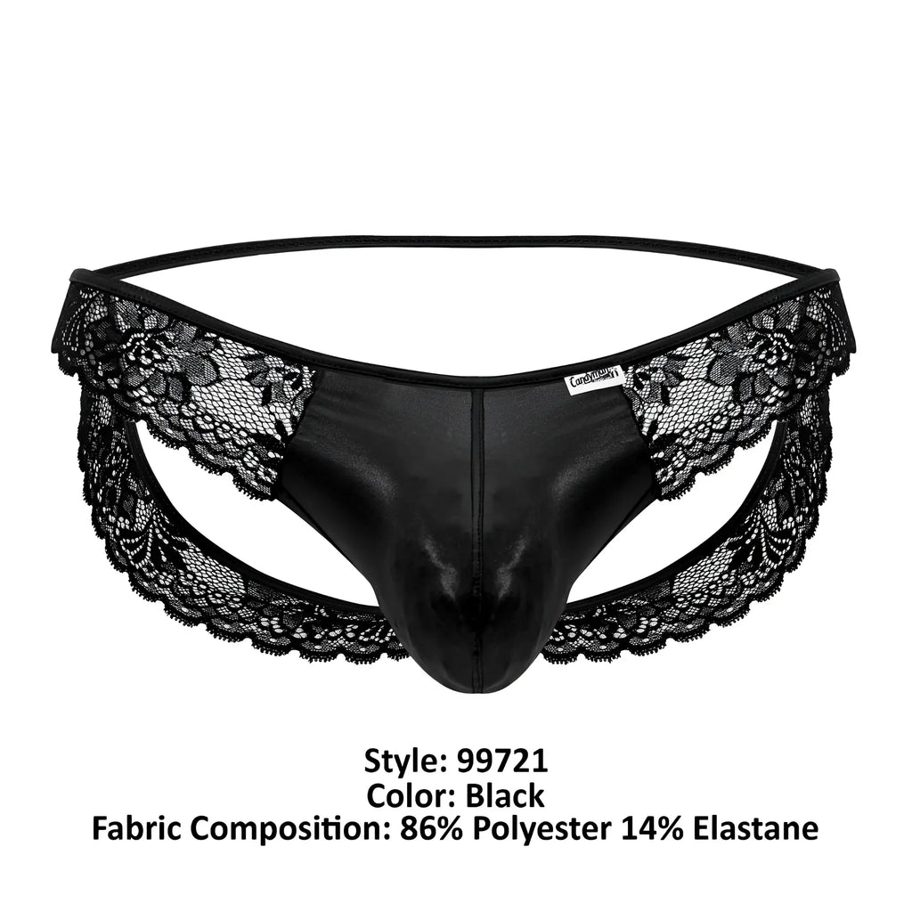 Black lace-trimmed CandyMan 99721 thong made of shiny polyester and elastane in black showing front view
