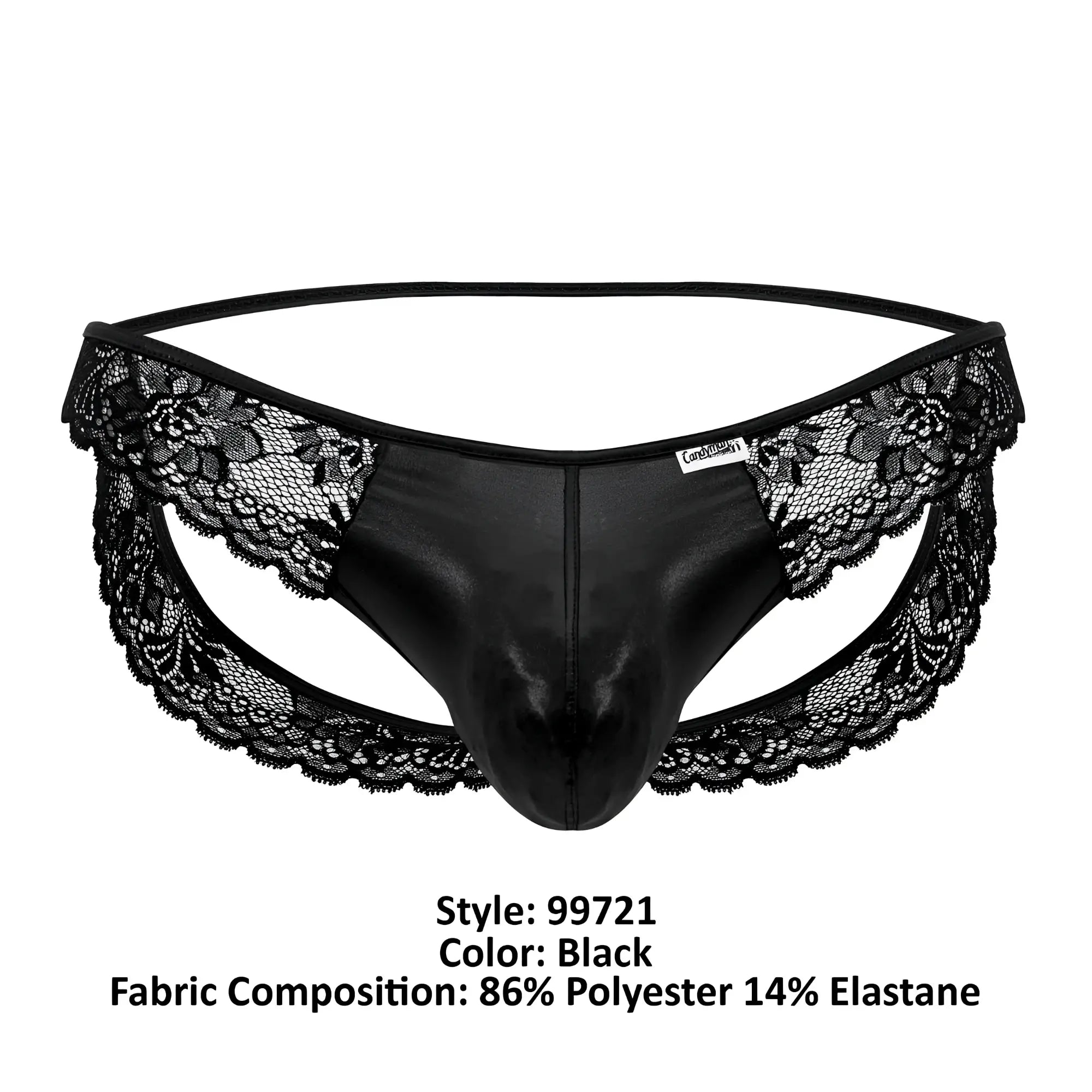 Black lace-trimmed CandyMan 99721 thong made of shiny polyester and elastane in black showing front view