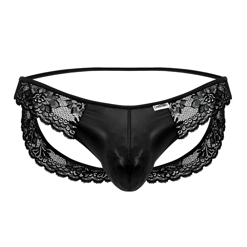 Black lace-trimmed thong with shiny faux leather front panel from candyman 99721 lace jockstrap in black