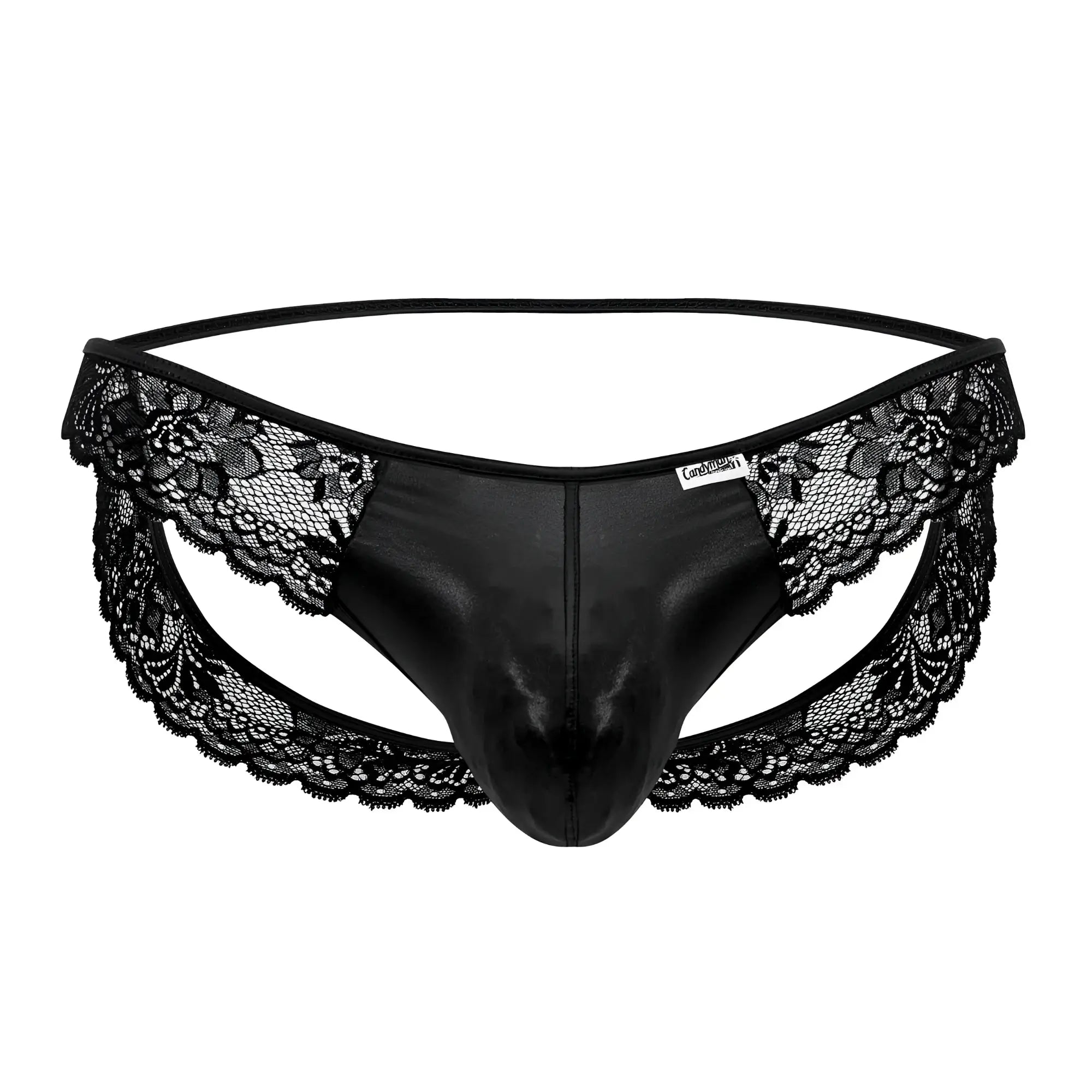 Black lace-trimmed thong with shiny faux leather front panel from candyman 99721 lace jockstrap in black