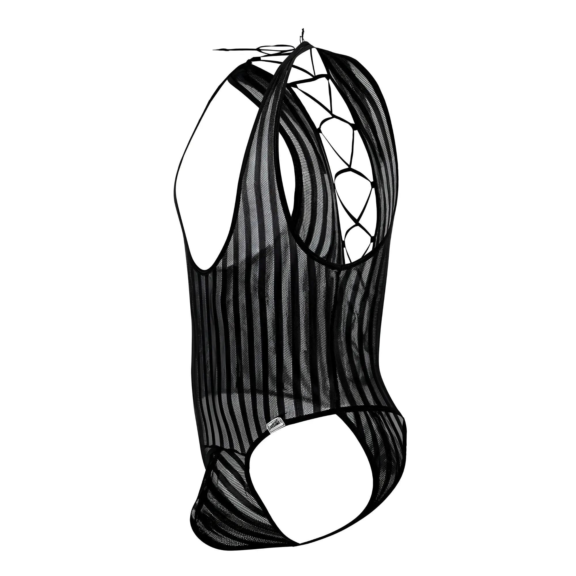 Black mesh candyMan 99727X work-n-play bodysuit with vertical stripes and lace-up back design shown from the back