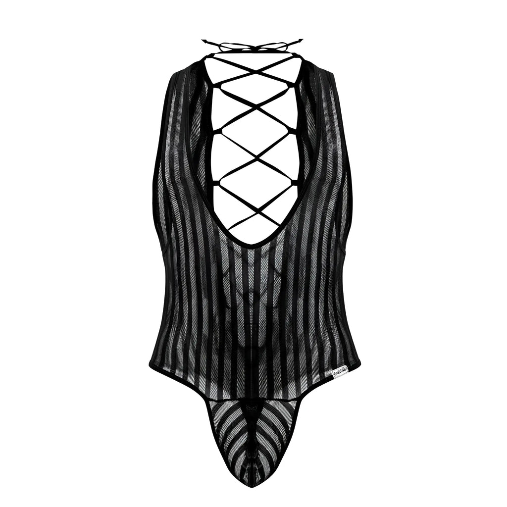 Black candyMan 99727X work-n-play mesh bodysuit with vertical stripes and lace-up back shown from the back side