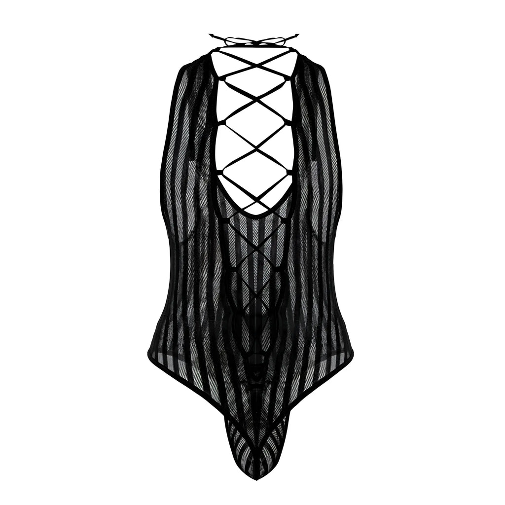 Black sheer mesh CandyMan 99727X work-n-play bodysuit with lace-up back and vertical striped pattern shown from back