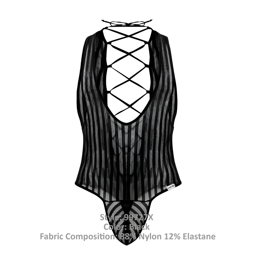 Black sheer mesh bodysuit candyMan 99727X with vertical stripes and lace-up back shown from the backside