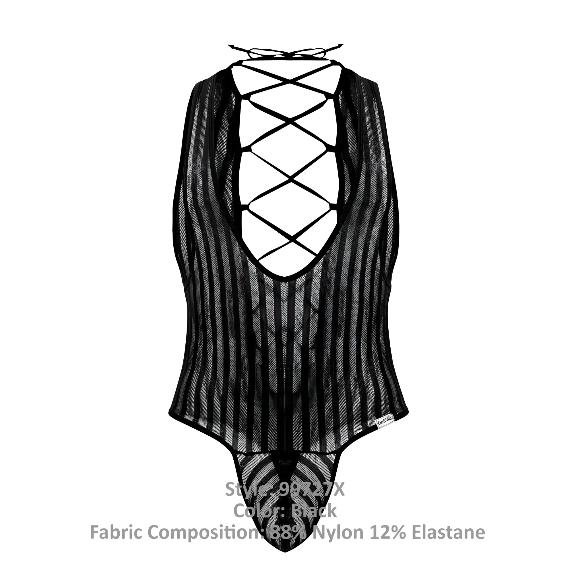 Black sheer mesh bodysuit candyMan 99727X with vertical stripes and lace-up back shown from the backside